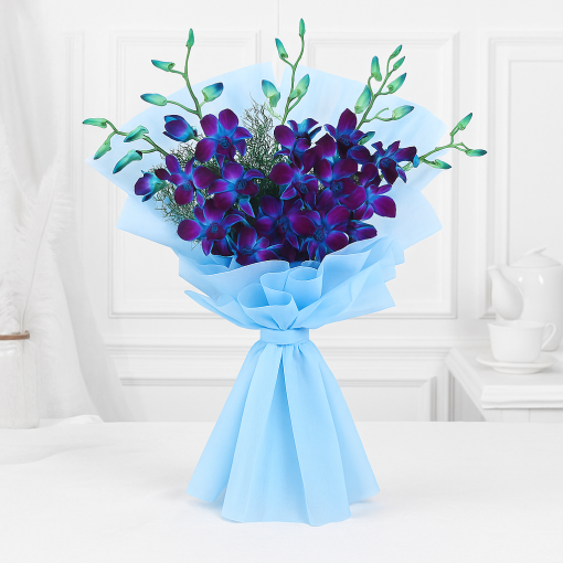Sky Blue Wrapped Orchid Bouquet with Asparagus Accents