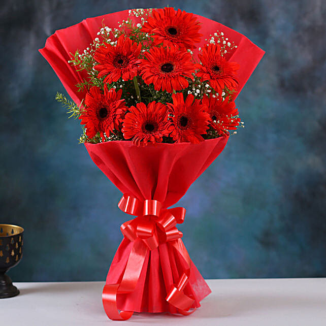 Eight Red Gerberas with White Gypsy Flower Bouquet