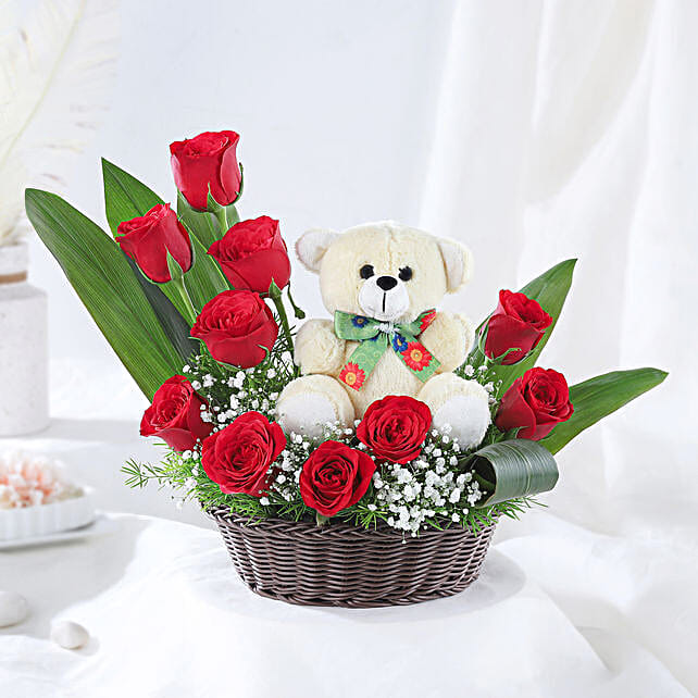 10 Red Roses in Basket with Delicate Floral Fillers