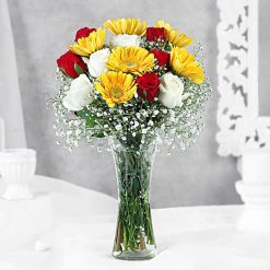 Yellow Gerbera & Red and White Rose Vase Bouquet - 15 Stems