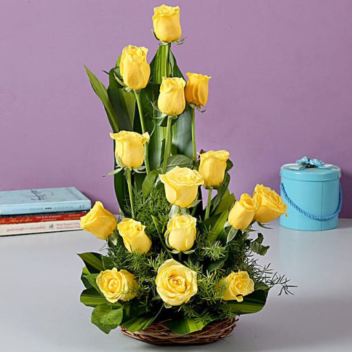 15 Sunshine Yellow Roses in Basket Arrangement
