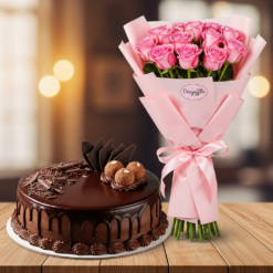 Chocolate Truffle Cake With Pink Roses lifestyle