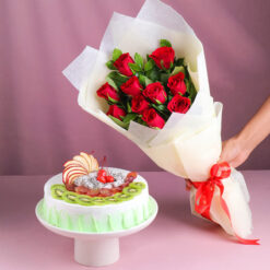 Mix Fruit Cake With Red Roses Combo